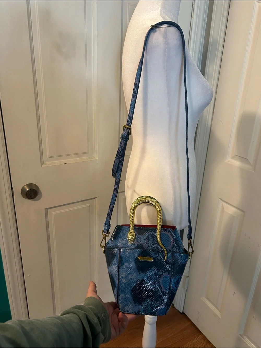 Rare Sharif Blue Snake-Print Top Handle Bag with Gold Snake Accent
